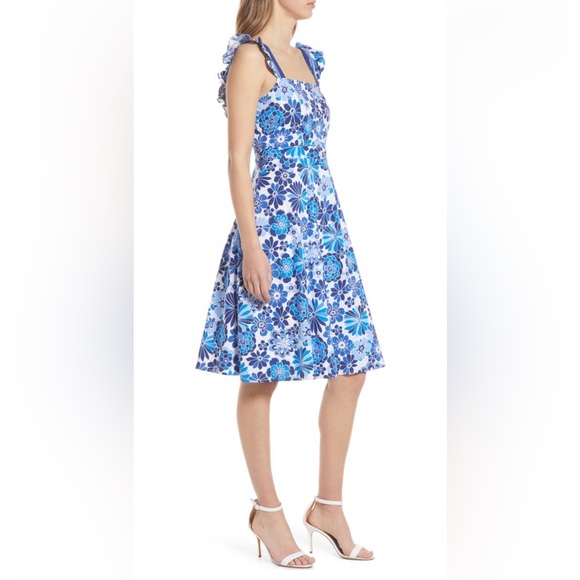 Tahari ASL Floral Ruffle Strap Blue White Casual Retro Open back Mini Midi Dress - Picture 3 of 11